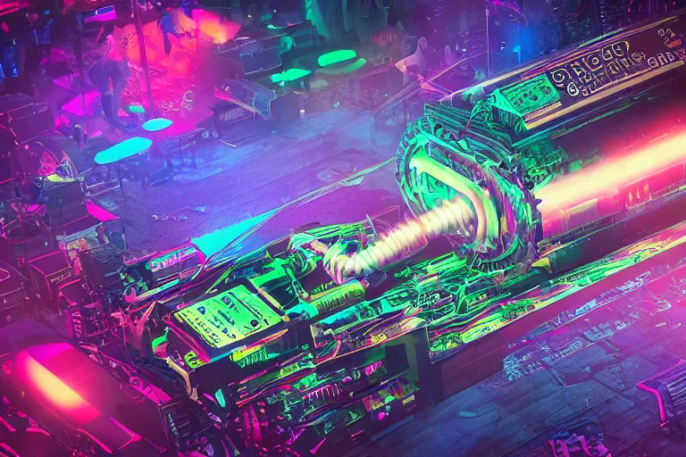 Image similar to mockup of a concert ticket, bandname is tripmachine, tour is invasion of the tripmachines, realistic digital art, 3 d render of a huge futuristic steampunk generator, 8 k, fluorescent colors, halluzinogenic, multicolored, exaggerated detailed, unreal engine