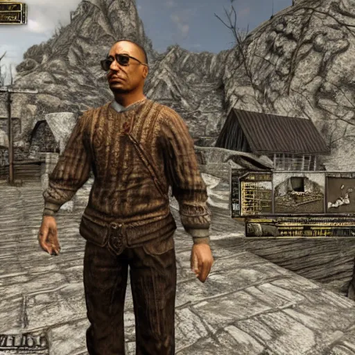 Image similar to gus fring visits whiterun, skyrim, highly detailed, realistic, elder scrolls, adventuring gear, business suit