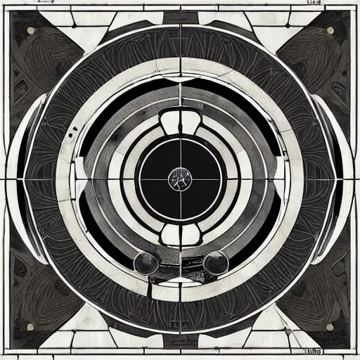 Prompt: art nouveau floor pattern, geometric, interlocking, solar system, scifi inspired, foundation, thin lines, black and white by paul chadeisson, greg rutkowski