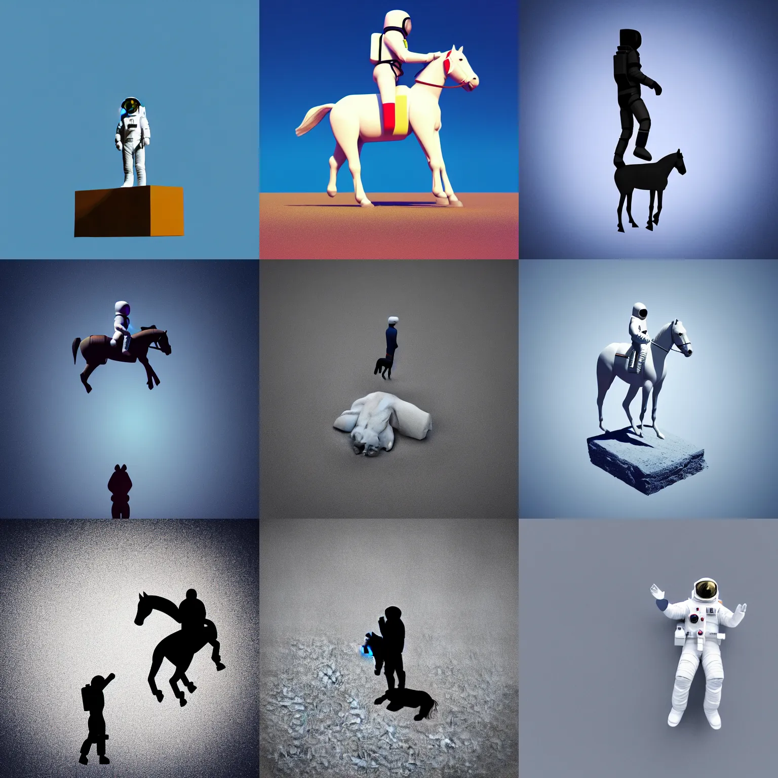 Prompt: an astronaut standing on the ground and a horse horse horse horse floating right above the human, exactly above him minimalist style, 3 d render, isometry, oiajspoidahfjl ;