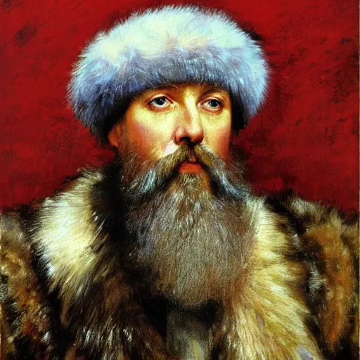 Image similar to portrait of tsar in fur hat Ivan the Terrible listening smartphone masterpiece painting by vasnetsov and surikov, JEAN-VICTOR BERTIN, by Terence Cuneo, detailed, artfully traced, 4k resolution, cinematic, dramatic