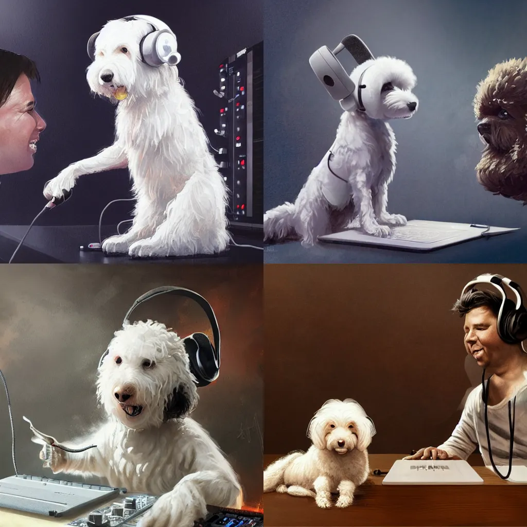 Prompt: a white cockapoo dj wearing headphones with Michael Mcintyre, Greg Rutkowski, art station