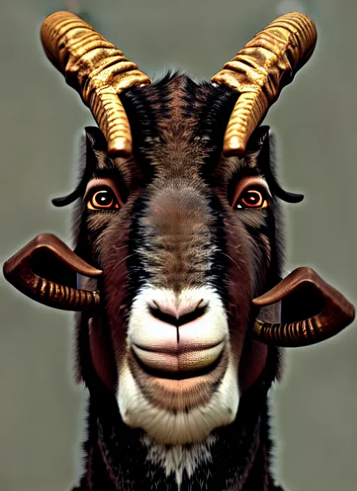 Image similar to anthropomorphic portrait of will smith as a goat, au naturel, hyper detailed, digital art, trending in artstation, cinematic lighting, studio quality, smooth render, unreal engine 5 rendered, octane rendered, art style by klimt and nixeu and ian sprigger and wlop and krenz cushart