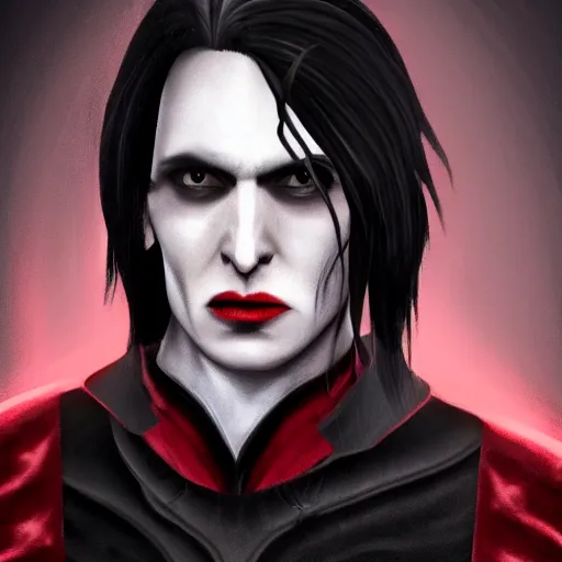 Prompt: a vampire, male, mid - 3 0 s aged, long, slicked black hair, clean shaven, in red and black, regal, high fantasy, realistic, highly detailed, concept art, 8 k.