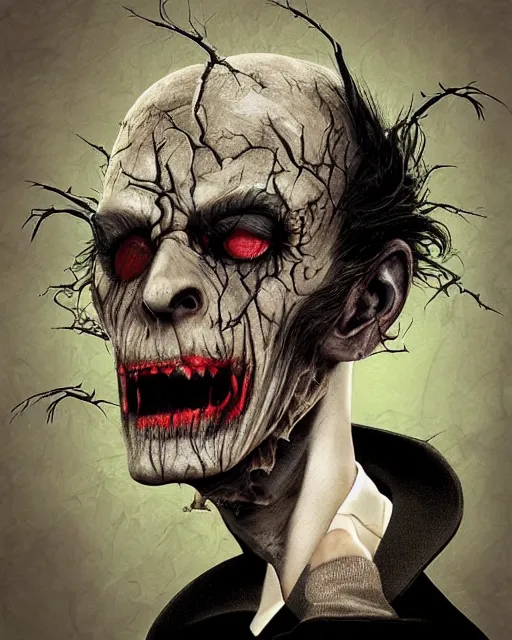 Image similar to halloween vampire theme surrealist art in the styles of igor morski, jim warren, and a tim burton film, intricate, hyperrealistic, accurate facial details, profile picture with chromakey background, volumetric lighting