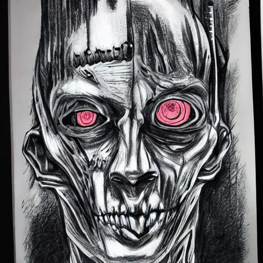 Prompt: a scary horror themed cyborg, drawn with charcoal and pen and ink, half-tone-line-stacking