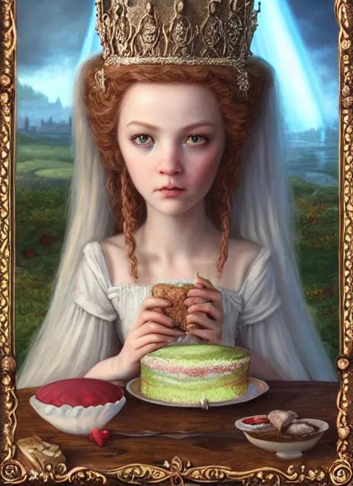 Image similar to highly detailed closeup portrait of an irish fairytale medieval princess eating cake, unreal engine, nicoletta ceccoli, mark ryden, lostfish, earl norem, global illumination, god rays, detailed and intricate environment