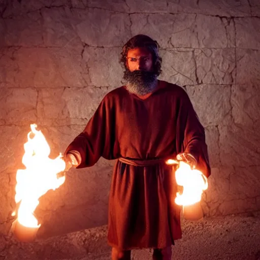 Image similar to award winning cinematic still portrait of intense 27 year old Mediterranean skinned man in Ancient Canaanite tunic, holding a flaming torch, beard, short hair, Nighttime. action, violence, Biblical epic directed by Steven Spielberg
