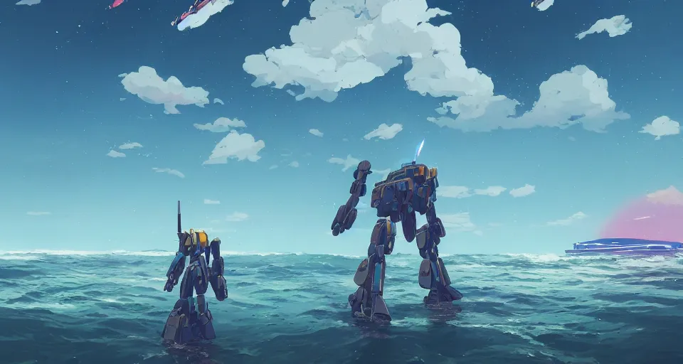 Prompt: A very beautiful serene coast landscape scene with a GIANT MECHA GUNDAM looming in the distance, bright sunny waves splashing on the beach, rendered by simon stålenhag, rendered by Beeple, Makoto Shinkai, syd meade, environment concept, digital art, Gundam style, starwars, unreal engine, 3 point perspective, WLOP, trending on artstation, low level, 4K UHD image, octane render,