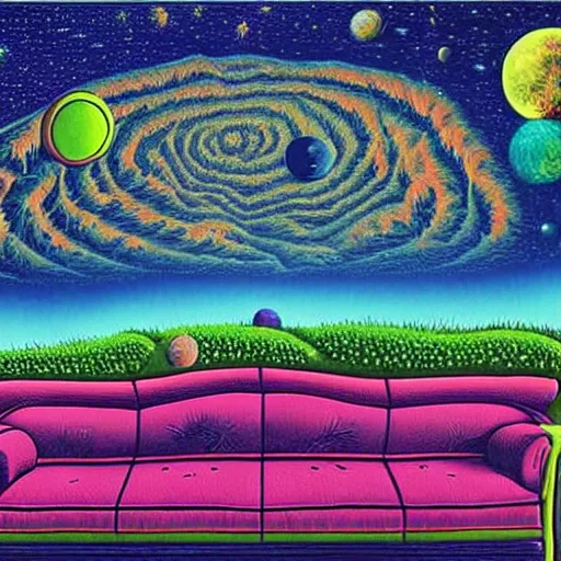 Image similar to psychedelic trippy couch in forest, planets, milky way, sofa, cartoon by rob gonsalves