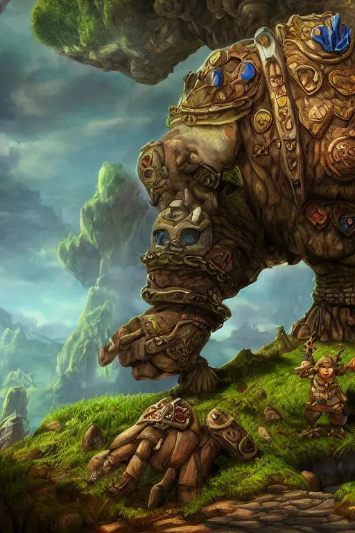 Image similar to zelda fantasy art giant golem troll wood rock greeble gemstone, global illumination ray tracing hdr fanart arstation by sung choi and eric pfeiffer and gabriel garza and casper konefal