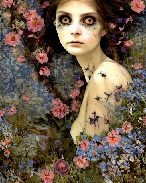 Prompt: a pretty but sinister and creepy faery in layers of fear decoupage, with haunted eyes, violence in her eyes, 1 9 7 0 s, seventies, delicate embellishments, a little blood, woodland, blue dawn light shining on wildflowers, painterly, offset printing technique, by walter popp, alexandre cabanel