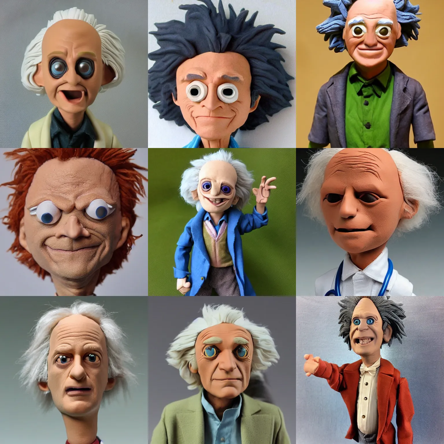 Prompt: doctor emmett brown!!! clay! close detailed sculpted head , style: claymation puppet kids clay , by guldies