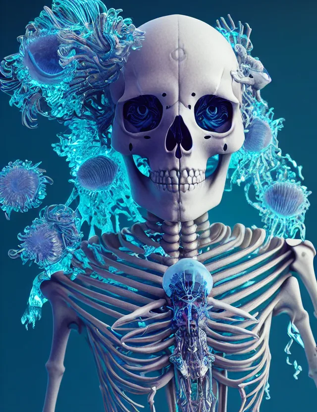 Image similar to 3 d goddess skeleton macro close - up portrait with crown made of ram skull. betta fish, jellyfish phoenix, bioluminiscent, plasma, ice, water, wind, creature, super intricate ornaments artwork by tooth wu and wlop and beeple and greg rutkowski