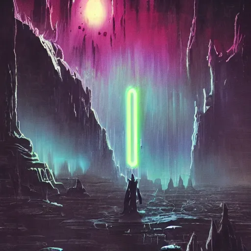 Image similar to yoda is angry and turning to the dark side, overwhelming energy, detailed background by m. w. kaluta + bruce pennington, dark side, neon color, volumetric lighting, colorful vapor, deep dark color, floating molecules, digital painting, oil painting, artwork by ralph mcquarrie + cory loftis + andreas rocha + paul lehr + ian mcque + eddie mendoza