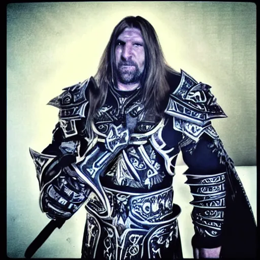 Image similar to Wrestler Triple H dressed as the Lich King from World of Warcraft, Cartoony, World of Warcraft art style