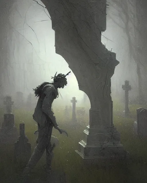 Image similar to a highly detailed epic cinematic concept art CG render digital painting artwork: Cemetery in fog. By Greg Rutkowski, in the style of Francis Bacon and Syd Mead and Norman Rockwell and Beksinski, open ceiling, highly detailed, painted by Francis Bacon and Edward Hopper, painted by James Gilleard, surrealism, airbrush, Ilya Kuvshinov, WLOP, Stanley Artgerm, very coherent, triadic color scheme, art by Takato Yamamoto and James Jean