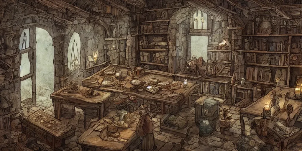Prompt: a medieval fantasy interior room filled with codex open books ancient scrolls maps artifacts wooden desk shelves glass flasks bottles candle wooden floor, open window at night, dimly lit muted colorful, intricately detailed, fine textures, in the style of hayao miyazaki studio ghibli films