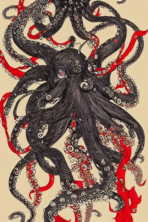 Image similar to professional digital art manga anime rendering of an octopus dressed as a ninja fighting with a katana. colorful design. higly detailed, intricate, by takato yamamoto, anime manga style, trending on art station.