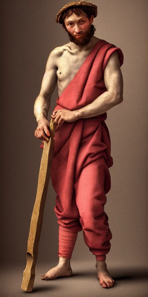 Image similar to a twenty - something michelangelo wearing peasant clothing of the renaissance holds a chisel in one hand and a mallet in the other, photorealistic, hyperdetailed, studio lighting, octane render, caustics