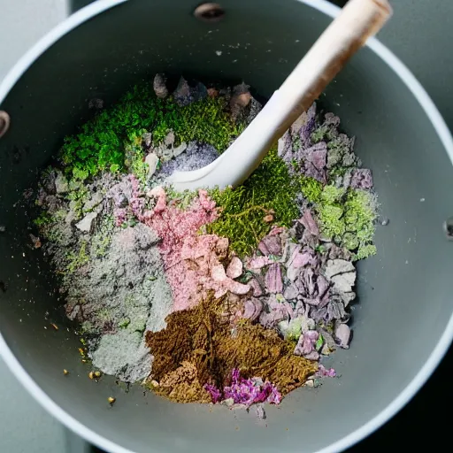 Image similar to plants, trees, flowers being mixed, blended, shredded by a mixer in a bowl, chaotic