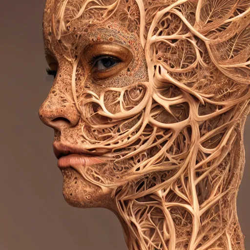 Image similar to beatifull frontal face portrait of a woman, 150 mm, anatomical, flesh, flowers, mandelbrot fractal, facial muscles, veins, arteries, symmetric, intricate, golden ratio, full frame, microscopic, elegant, highly detailed, ornate, ornament, sculpture, elegant , luxury, beautifully lit, ray trace, octane render in the style of peter Gric , alex grey and Romero Ressendi