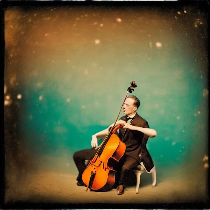 Image similar to orchestra, kodak portra 4 0 0, wetplate, muted colours, teal orange, 1 9 1 0 s style, motion blur, portrait photo of a backdrop, sparkling, stargazer, snow, fog, by georges melies and by britt marling
