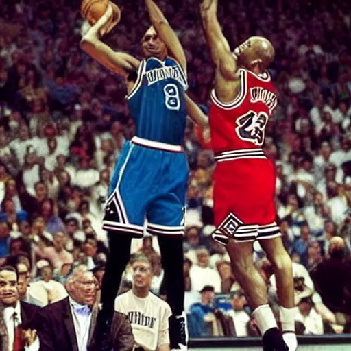 Prompt: Obama dunking on Michael Jordan