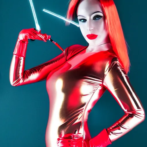 Prompt: CYBERPUNK big bust beautiful Claud Monet proportions girl in metallic color latex dress and red latex gloves holding wonderful electric shock saber