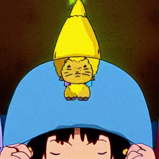 Prompt: a wizard wearing a blue wizard hat with yellow stars on it, from my neighbor totoro ( 1 9 9 3 ) by studio ghibli