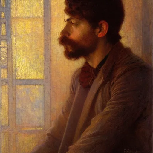 Prompt: eloquent soulful portrait of a haunted young man against bright background, oil painting, gaston bussiere, mucha, gerome,