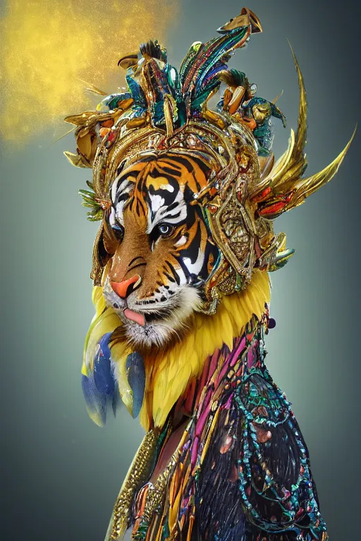 Image similar to masterful fantastic realist painting an exotic ancient feathered and bejeweled bird wearing an exquisite and fiercely painted bugaku mask of a tiger, gold chains strung like tinsel, digital painting trending on artstation, viciously blinded, shimmering opal, volumetric lighting and mist, cosplay, portrait painting, hyperrealistic, octane render
