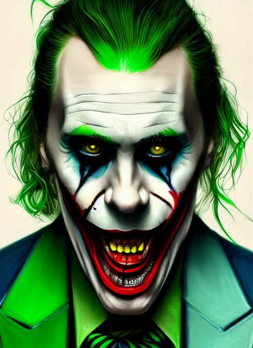 Image similar to portrait of jared leto as the joker, green hair, intricate, elegant, glowing lights, highly detailed, digital painting, artstation, concept art, sharp focus, illustration, art by wlop, mars ravelo and greg rutkowski