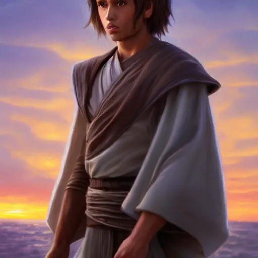 Image similar to a young male jedi with short dark blonde hair standing still looking at the sunset concept art by Doug Chiang cinematic, realistic painting, high definition, concept art, portait image, path tracing, serene landscape, high quality, highly detailed, 8K, soft colors, warm colors, turbulent sea, high coherence, anatomically correct, hyperrealistic, concept art, defined face, five fingers, symmetrical