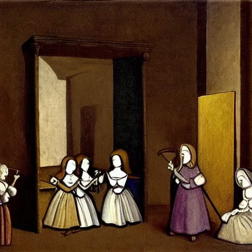 Image similar to las meninas with stick figures, flash animation