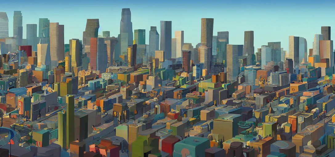 Image similar to visual development los angeles skyline cityscape, by lou romano, pixar disney dreamworks sony animation, photoshop, the art of books