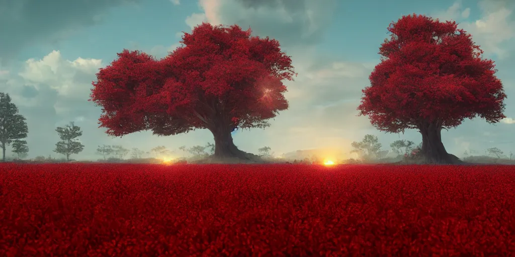 Image similar to a big red tree in the middle of a battlefield near a bunch of red flowers at sunrise, hyperrealistic, concept art, octane render, unreal engine 5, trending on Artstation, high quality, 8K, dramatic lighting, cinematic, high coherence, highly detailed, Midjourney style, epic scene, path traced, low contrast, complementary colors