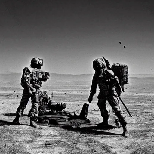 Image similar to soldiers discovering alien war machines on a battlefield in 1 9 7 0, black and white, hyper realistic, 4 k, highly ornate intricate details, sharp image, incredible detail,