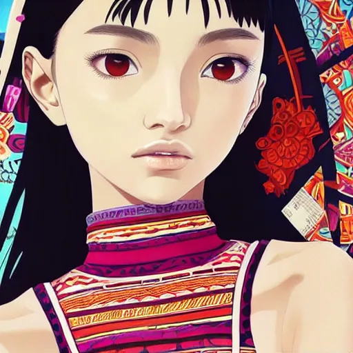 Image similar to a beautiful young japanese natalie portman alluring gravure model, stylized concept art, wearing elegant designer bomber jacket and one piece bikini, bomber jacket with mesoamerican patterns, mesoamerican native street fashion, princess mononoke, painted by ilya kuvshinov aesthetic, gorgeous, stunning, alluring, attractive, artstation, pinterest, digital art