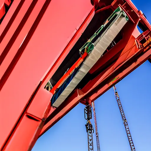 Image similar to digital photography of a crane lifting a container, shot from the ground looking up, close shot, clear sky