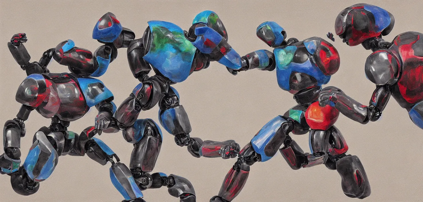 Prompt: two robots having a wrestling match, digital art Photorealistic painting