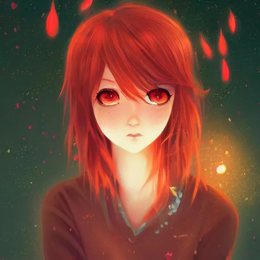 Prompt: hyper detailed, sharp, digital art, portrait of a red haired infp anime girl with green eyes in a wonderful scene amid fireflies, dramatic lights, dreamy, very atmospheric