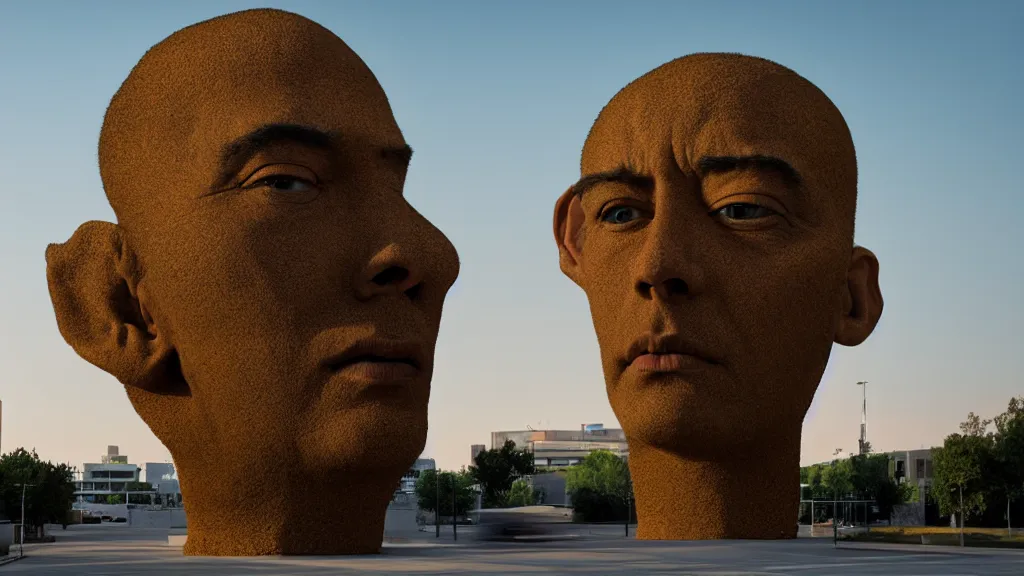 Prompt: the strange giant head at the office building, made of oil and water, film still from the movie directed by Denis Villeneuve with art direction by Salvador Dalí, golden hour