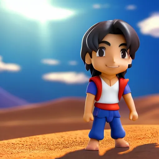 Image similar to profile view of young aladdin as nendoroid walking in a desert, wearing typical clothes, 8 k, hd, dof, kodak film, volumetric lighting, subsurface scattering, photorealistic, octane render