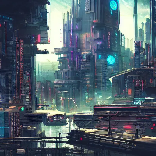 Image similar to sci - fi cyberpunk dystopian cityscape