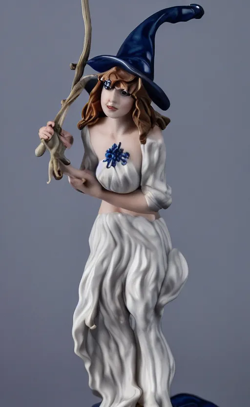 Image similar to Porcelain witch girl figure, 8k, studio photography, highly detailed