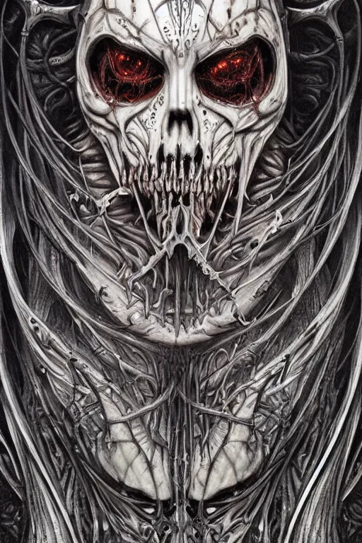 Prompt: Elden Ring and Doom themed painting of majestic chromatic biomechanical anatomical undead warrior hybrid beautiful ethereal angel symmetrical neutral black metal corpsepaint mask closeup face tattoo pattern golden ratio concept, Neo-Gothic concept, infinity glyph waves, intricate artwork masterpiece, very coherent artwork, cinematic, full frontal facial features by Artgerm, art by H.R. Giger, Joseph Michael Linsner, Zdizslaw Beksinski, Johnatan Wayshak, Moebius, Ayami Kojima, very anatomically coherent artwork, trending on cgsociety, ultra high quality model, production quality cinema model, high detail chromatic ink outline, octane render, unreal engine 8k, hyper realism, high detail, octane render, unreal engine, 8k, High contrast