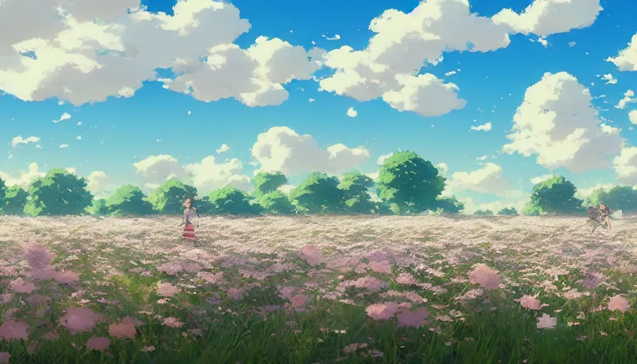 Image similar to a field of beautiful flowers, fluffy white clouds in the blue sky on a beautiful windy day, trending on pixiv fanbox, painted by greg rutkowski makoto shinkai takashi takeuchi studio ghibli