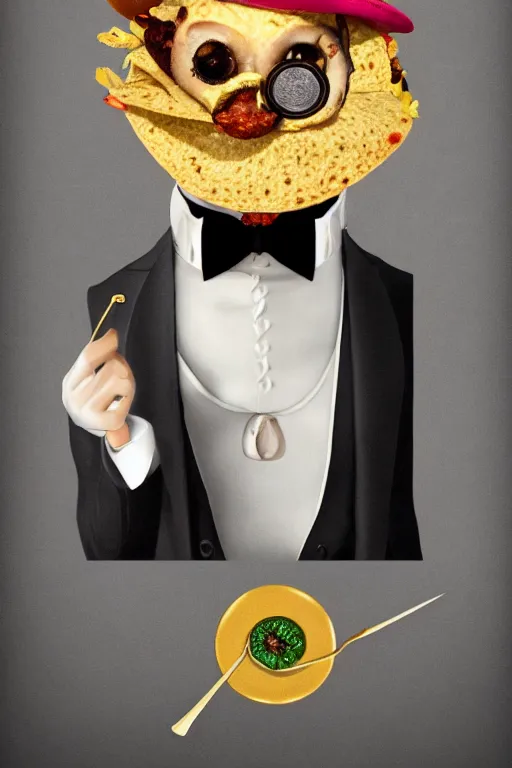 Image similar to a portrait of a handsome taco!!!! wearing a monocle and a victorian suit, ( ( character concept art ) ), headshot, trending on artstation, culinary photography of a delicious taco in a tuxedo