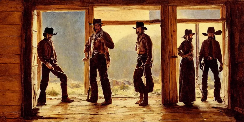 Prompt: in an old west cabin, close up portrait of beautiful Mila Jovovich (((alone))) in the doorway and Dave Bautista cowboy standing opposite ((alone)) at the window, arguing, symmetrical, in the style of Fredrick Remington, oil painting